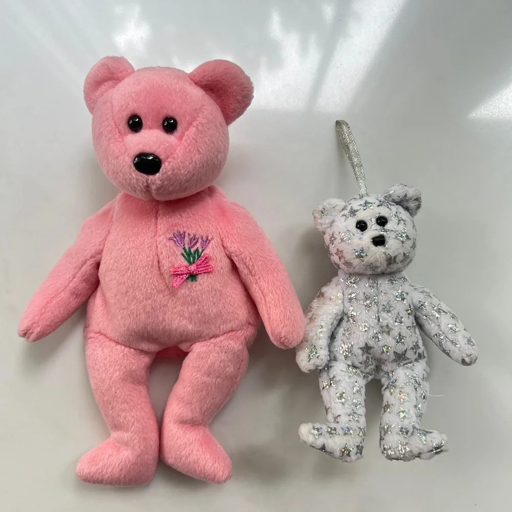 TY Beanie Mum pink bear 2001 and bell silver white Beginning baby 2000 set of 2